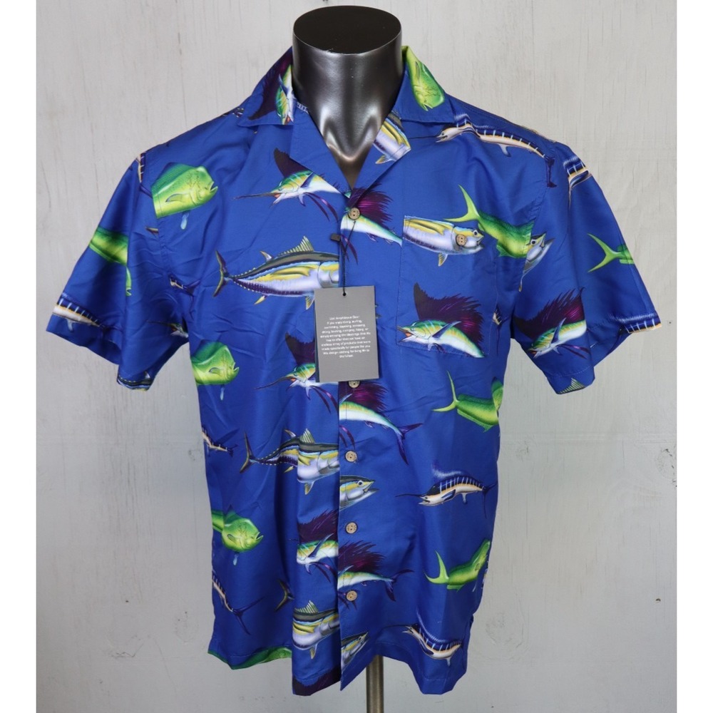 Aloha By Uzzi Shirt Button Front Mens Size M Blue Swordfish All Over‎ Size M New